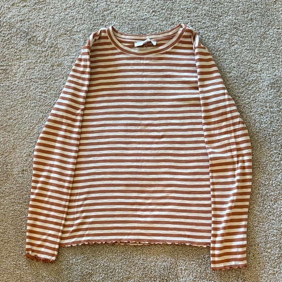 LOFT Brown and Cream Striped Knit Top with Lettuce Edge - Picture 8 of 11